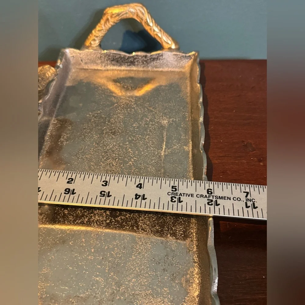 Elegant Silver and Gold Metal Rectangular Tray with Bird and Branch Handles